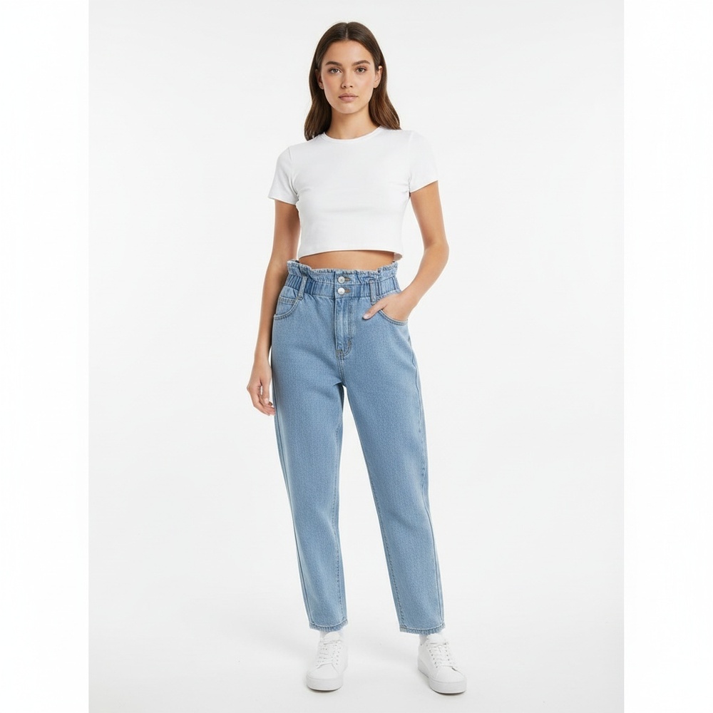 Showpo Light Blue Recycled Denim Ruffle Waist 5 Pocket Abbie Jeans US 4